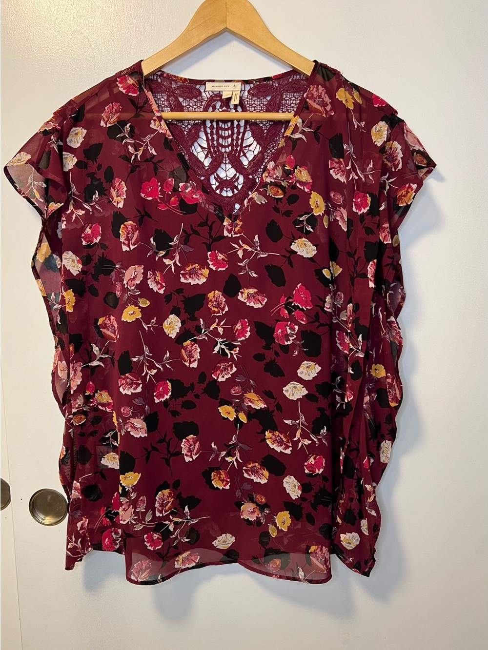 Anthropology Meadow Rue Floral Lace-Back V Neck Blouse Top Size M